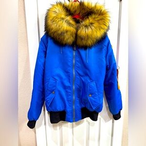 Blue Bomber Jacket with Faux Fur Trim